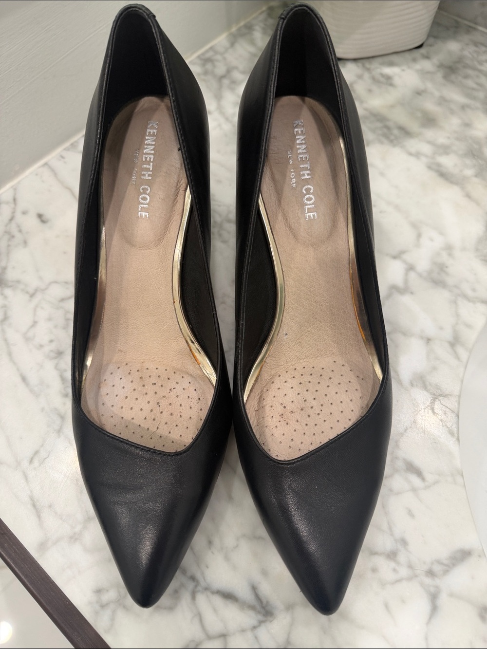 Kenneth Cole Black Pointed-Toe Leather Pumps with Gold Trim
